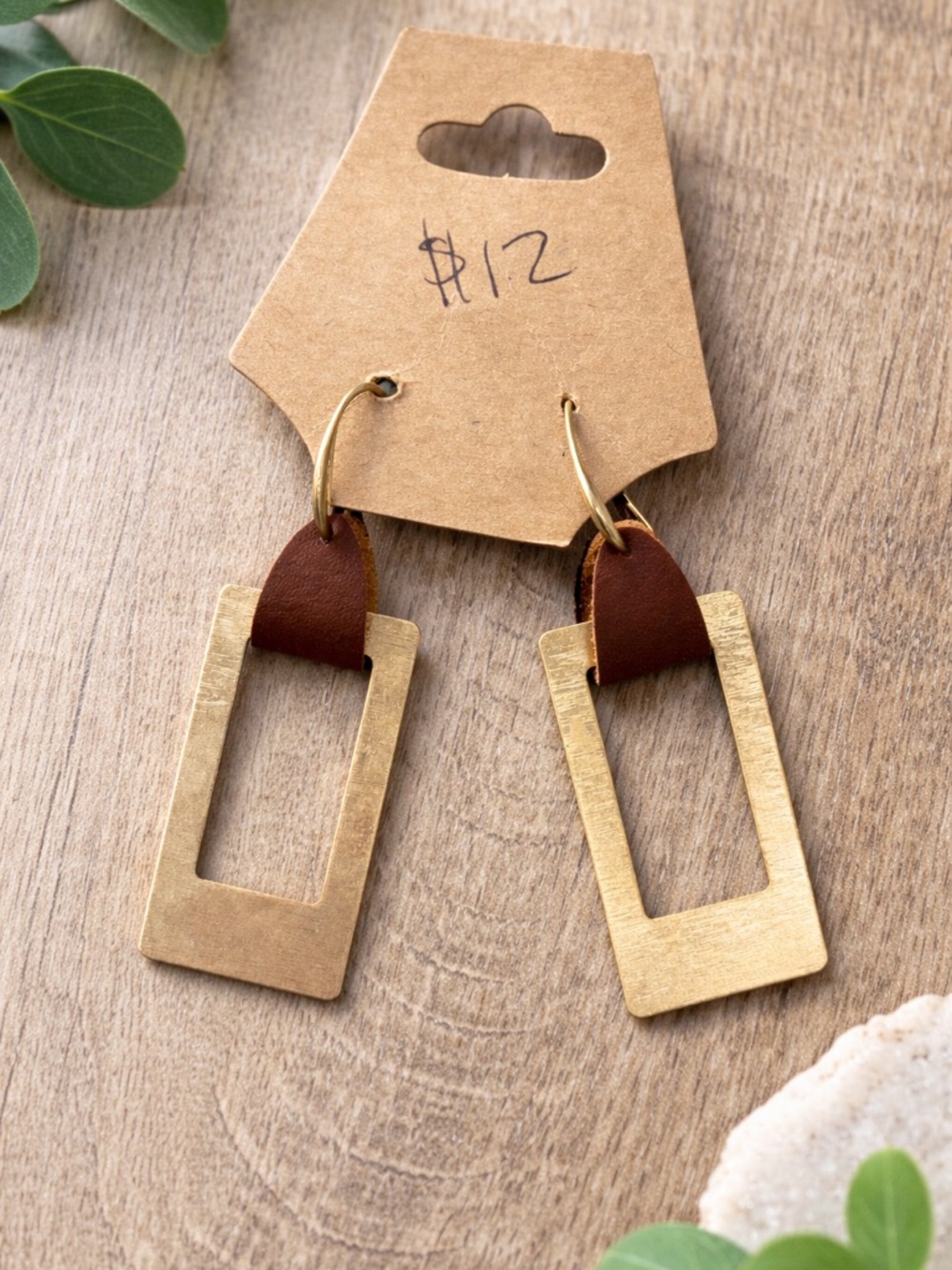 Boutique Brown Leather and Gold Geometric Drop Earrings - Women Jewelry